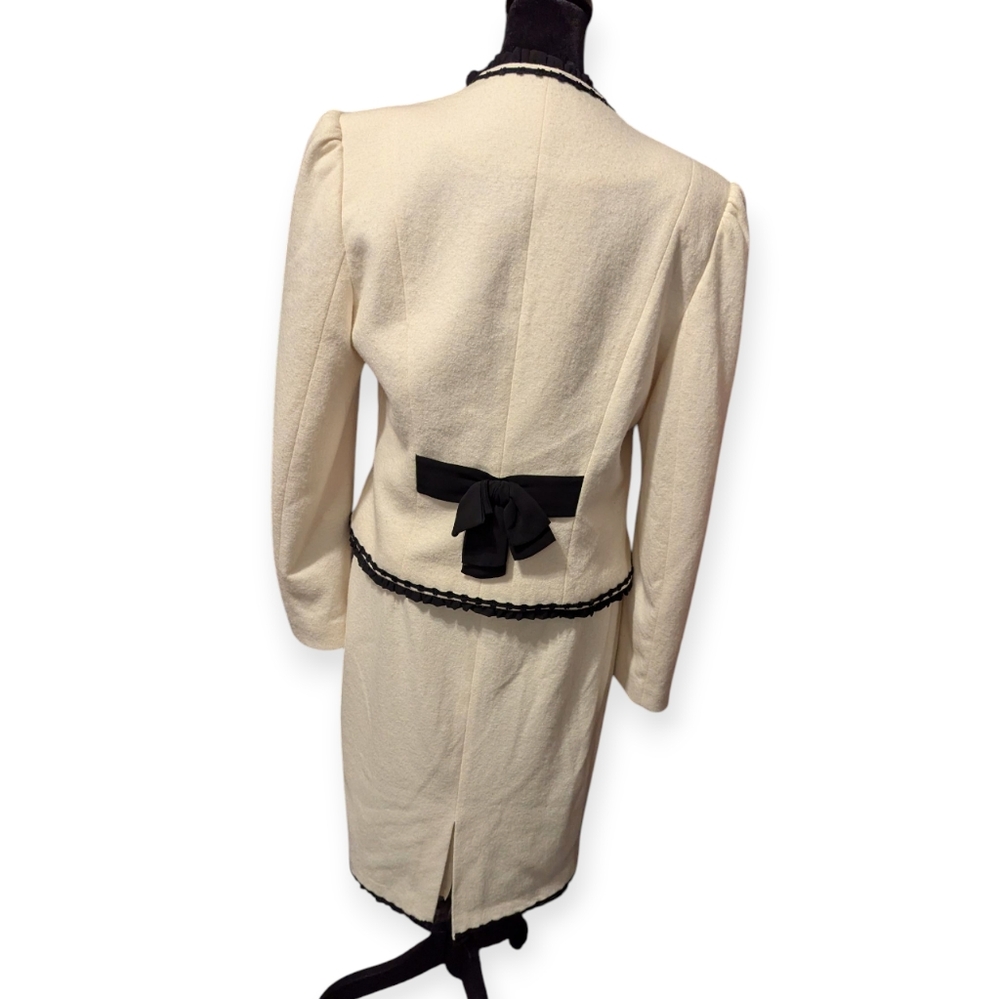 Nissa Ivory Blazer and Skirt Set Suit with Black Trim Wool Poly Blend